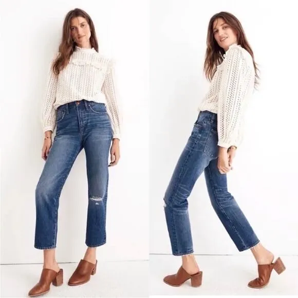 Madewell Classic Straight High Rise Ripped Knee Jeans Jade Wash 24 J7951