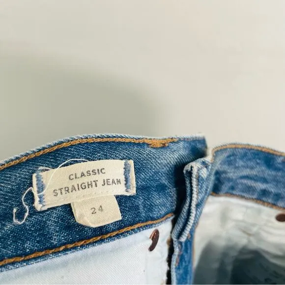 Madewell Classic Straight High Rise Ripped Knee Jeans Jade Wash 24 J7951