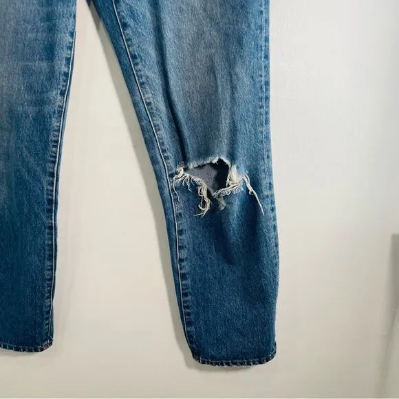 Madewell Classic Straight High Rise Ripped Knee Jeans Jade Wash 24 J7951