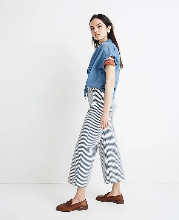 Madewell Emmett Wide-Leg Crop Pants Trousers in Herringbone Railroad Stripe