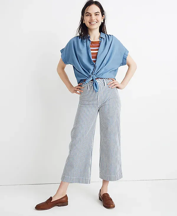Madewell Emmett Wide-Leg Crop Pants Trousers in Herringbone Railroad Stripe