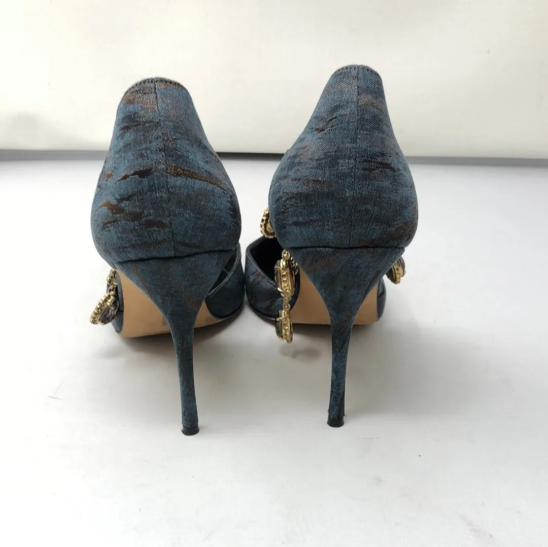 Manolo Blahnik Slate Blue and Bronze Fabric Pump with Foot Necklace