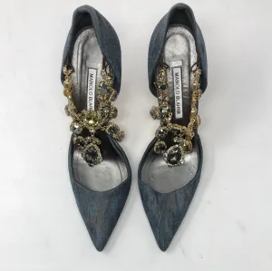 Manolo Blahnik Slate Blue and Bronze Fabric Pump with Foot Necklace