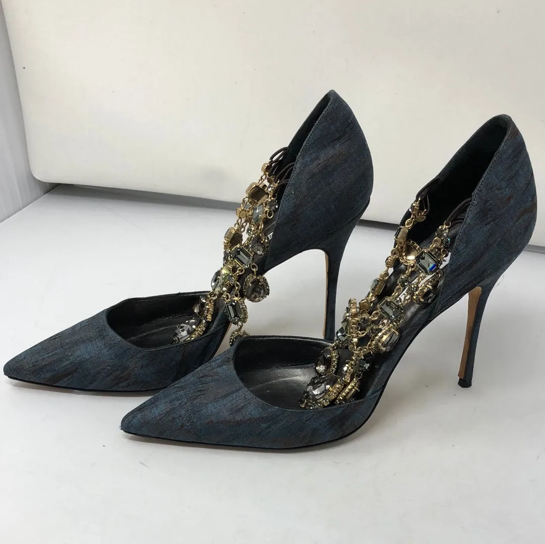 Manolo Blahnik Slate Blue and Bronze Fabric Pump with Foot Necklace