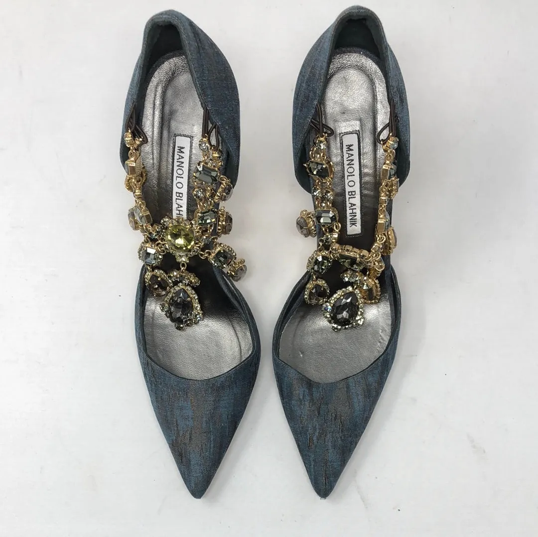 Manolo Blahnik Slate Blue and Bronze Fabric Pump with Foot Necklace