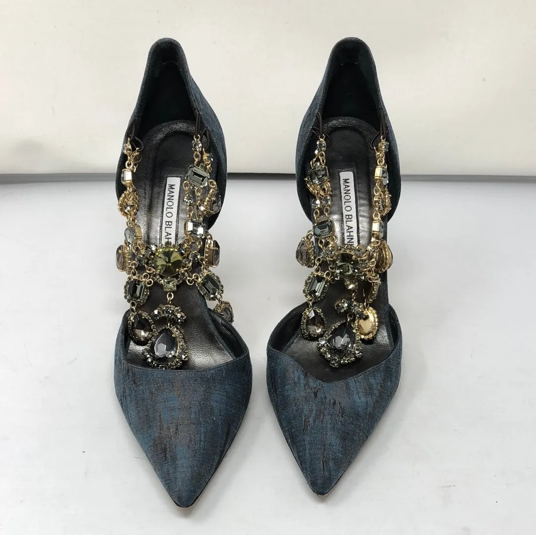 Manolo Blahnik Slate Blue and Bronze Fabric Pump with Foot Necklace