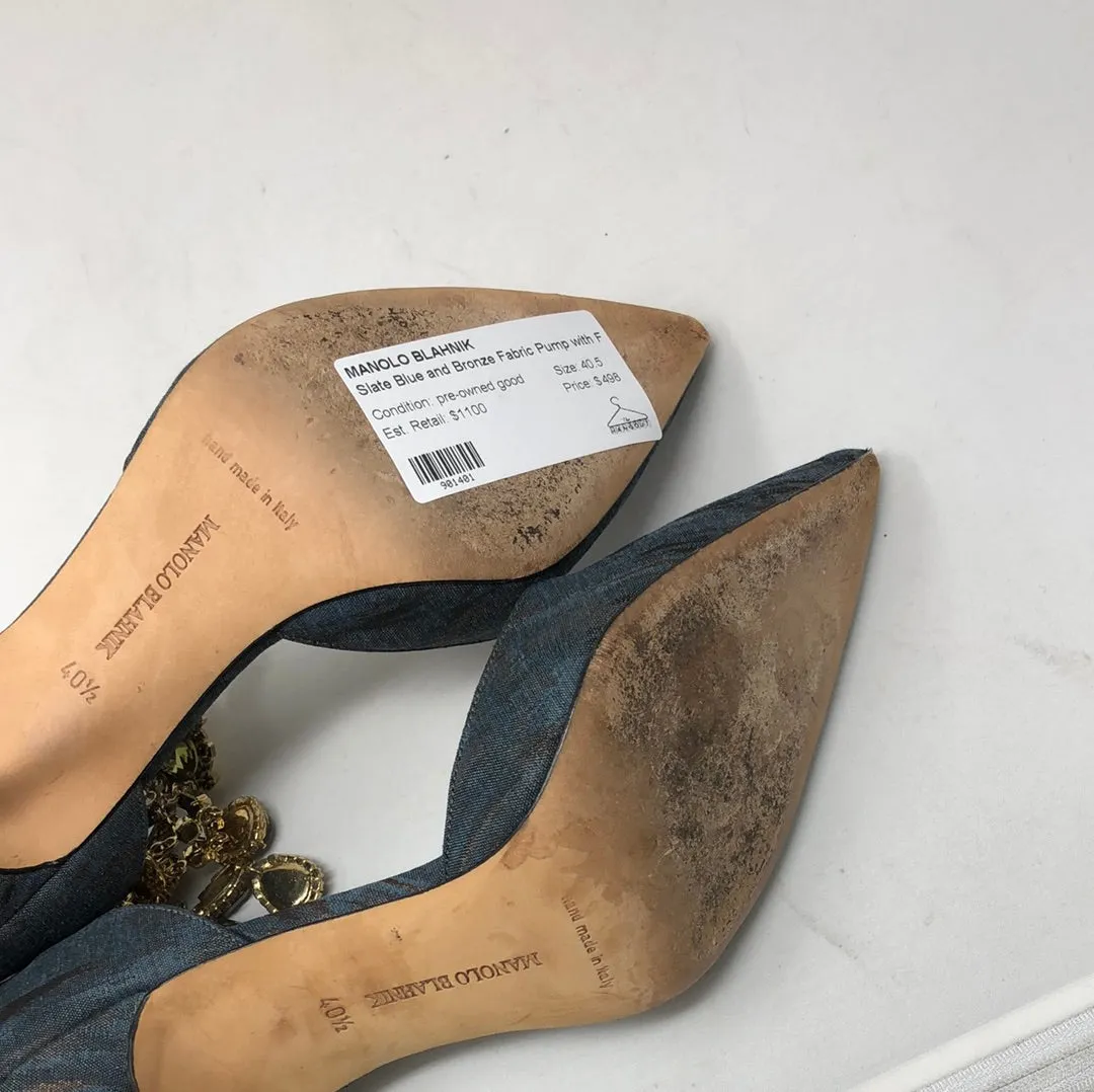 Manolo Blahnik Slate Blue and Bronze Fabric Pump with Foot Necklace