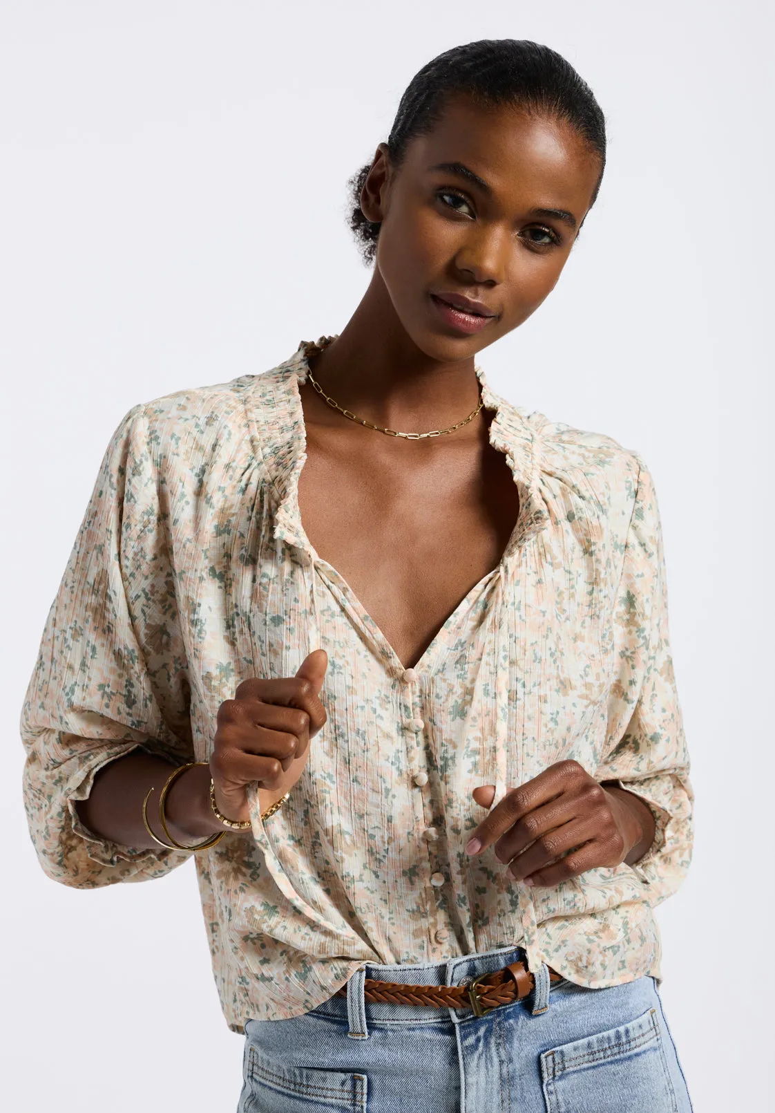 Maylah Women's Floral Print Long-Sleeve Smocked Blouse, Tan Floral - WT0174P