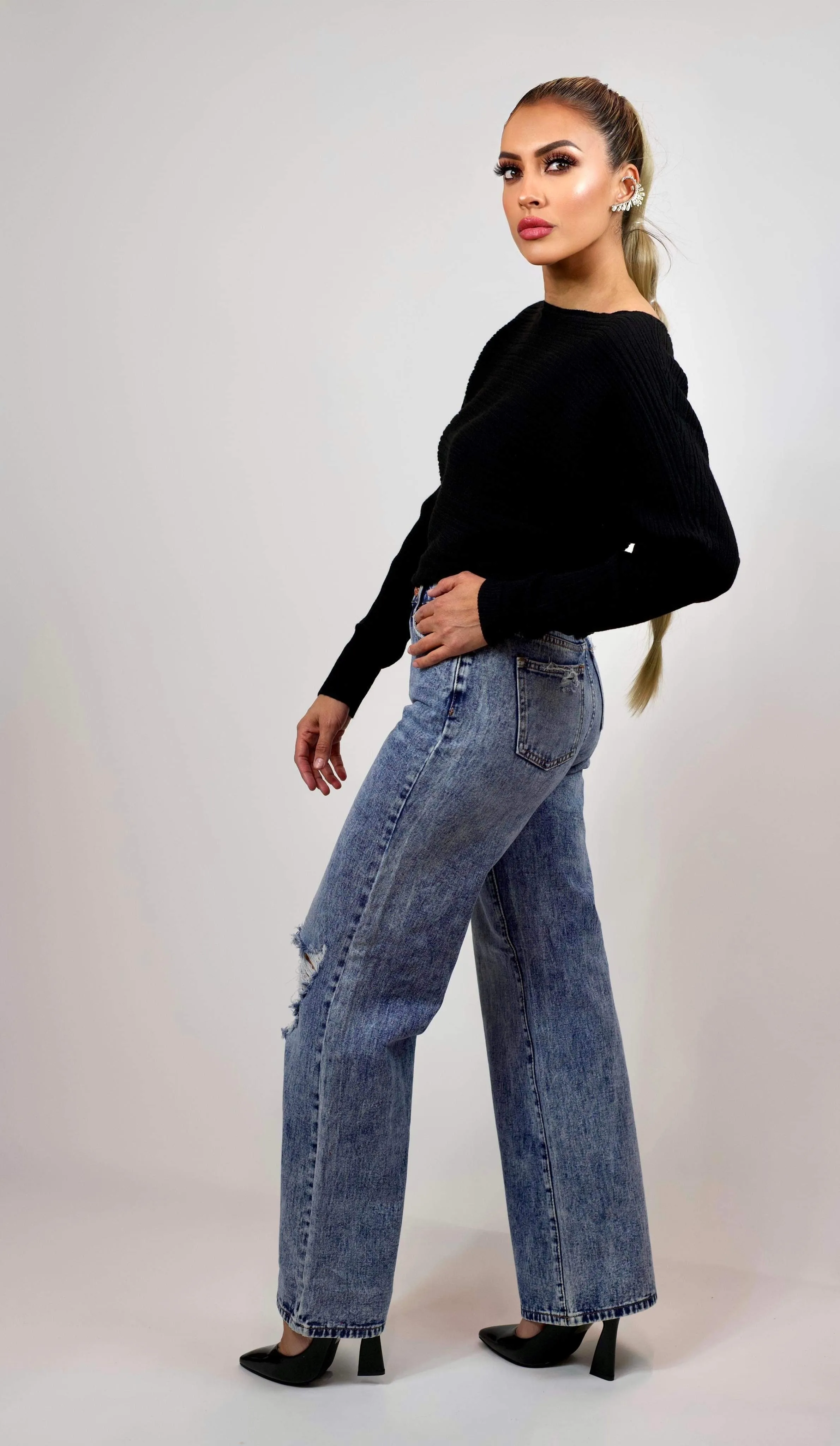 Med Denim Ripped Wide Leg Jeans