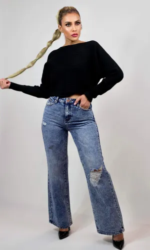 Med Denim Ripped Wide Leg Jeans