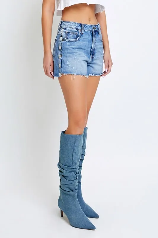 Medium Wash Rhinestone High Rise Shorts