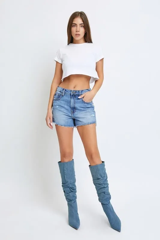 Medium Wash Rhinestone High Rise Shorts