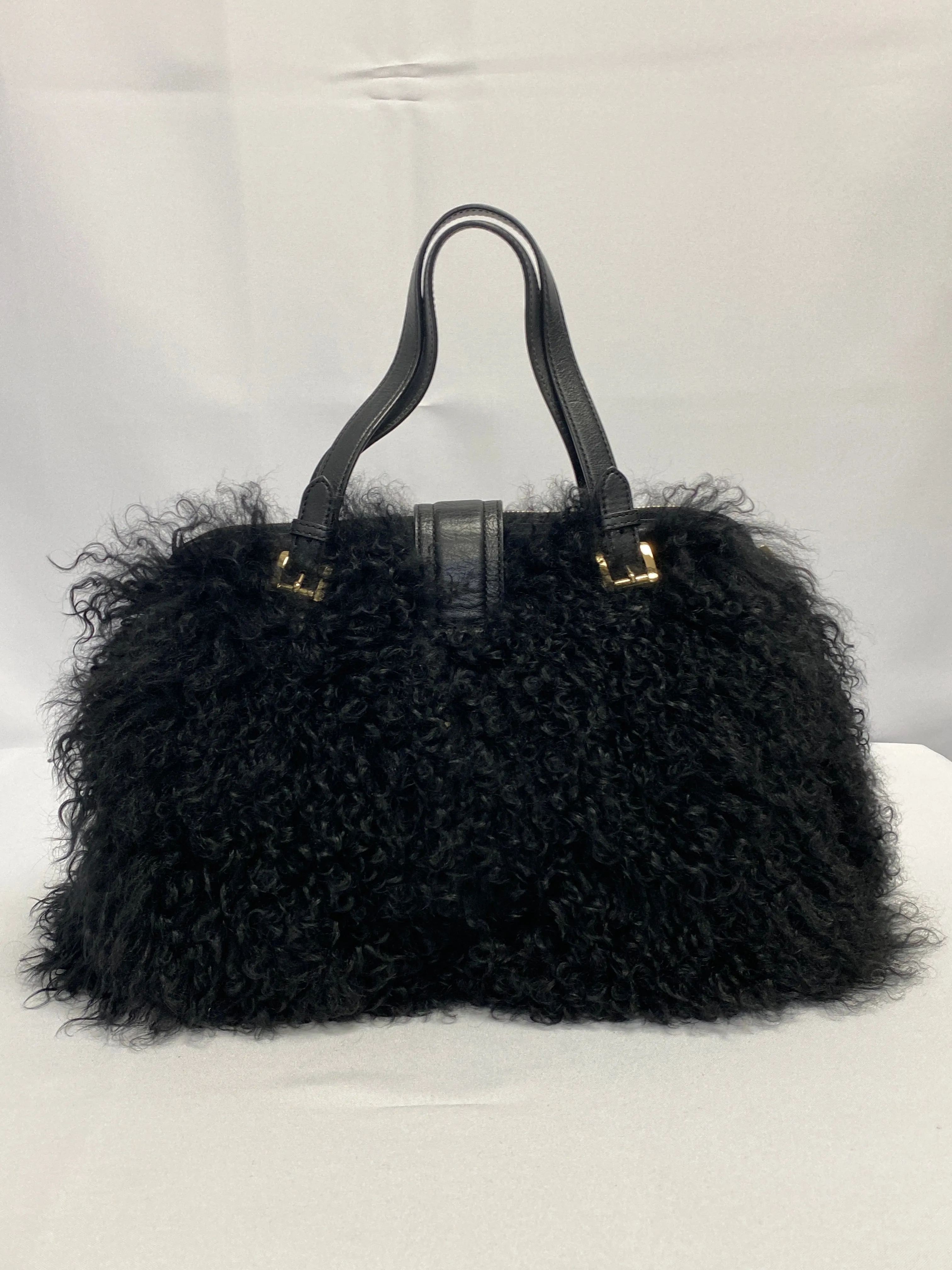 Michael Kors Margo Frame Mongolian black Fur Satchel