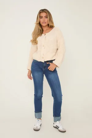 Mid Blue Stretch Turn Up Hem Straight Leg Jeans - Roy