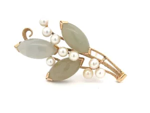 Mings Gold Branch Brooch with Jade and Pearls in 14k Yellow Gold