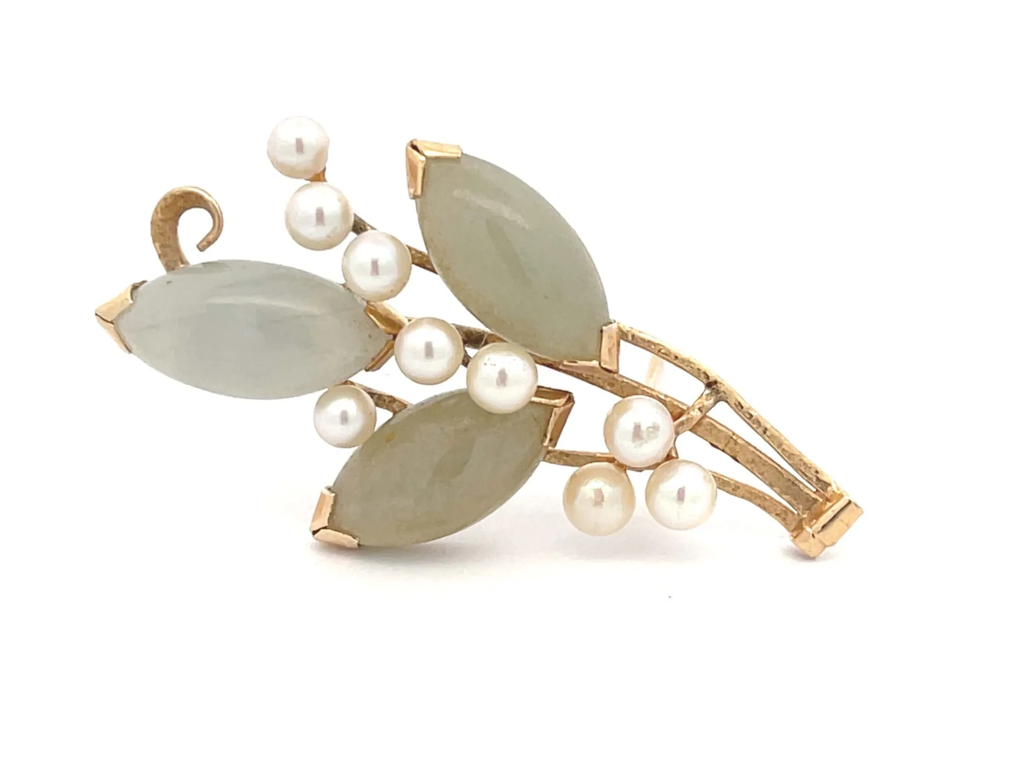 Mings Gold Branch Brooch with Jade and Pearls in 14k Yellow Gold