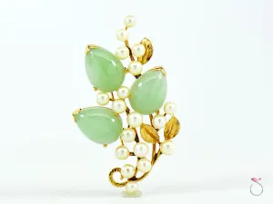 MING'S HAWAII GREEN JADE & PEARL BROOCH
