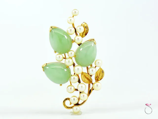 MING'S HAWAII GREEN JADE & PEARL BROOCH