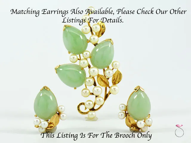 MING'S HAWAII GREEN JADE & PEARL BROOCH