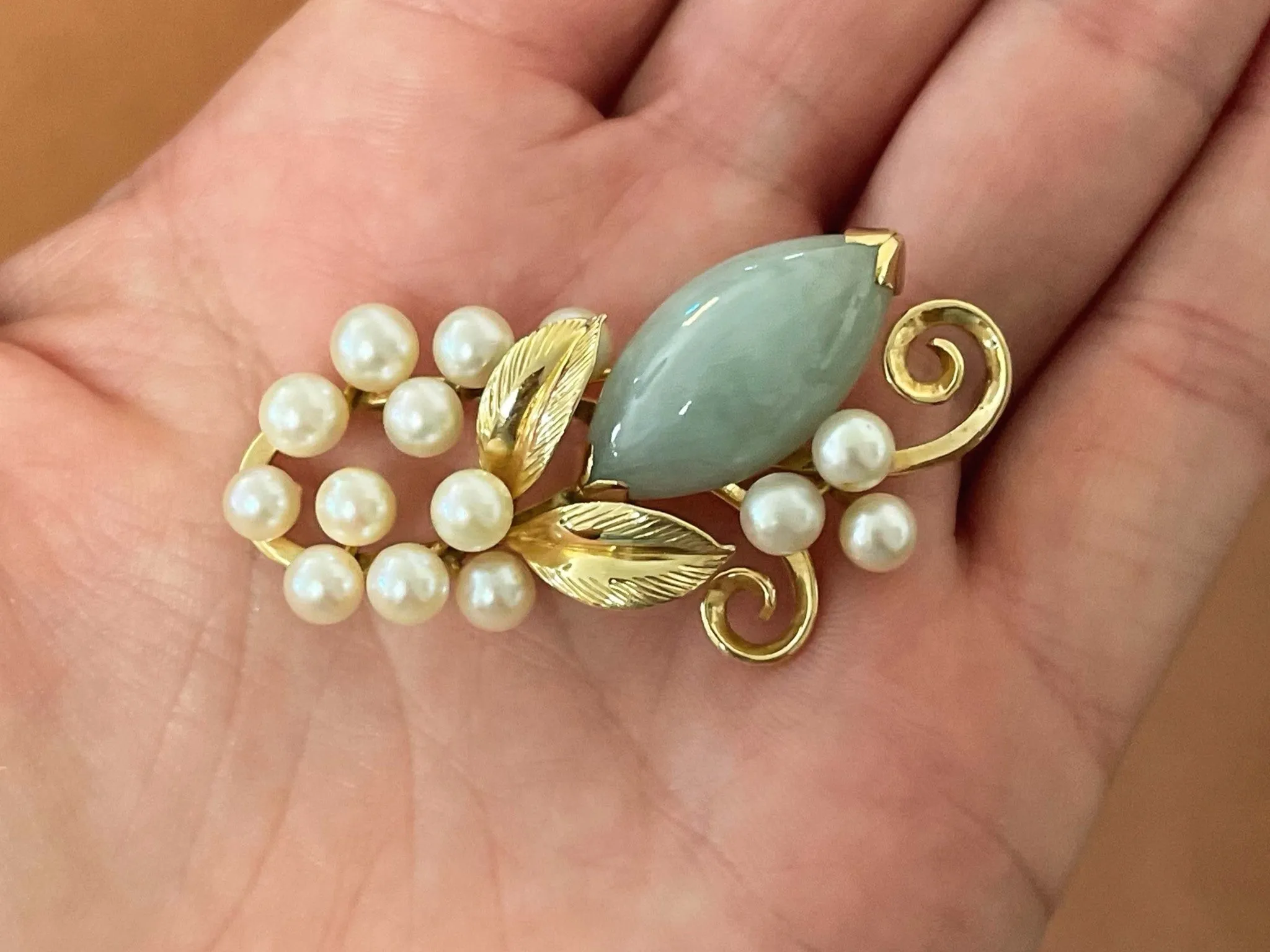 Mings Hawaii Jade and Pearl Leaf Branch Brooch in 14k Yellow Gold