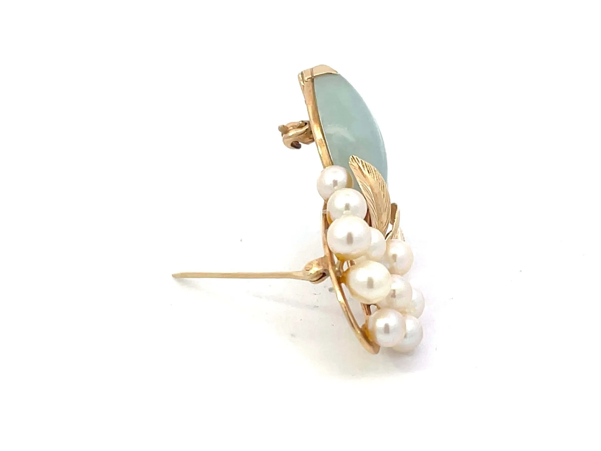 Mings Hawaii Jade and Pearl Leaf Branch Brooch in 14k Yellow Gold