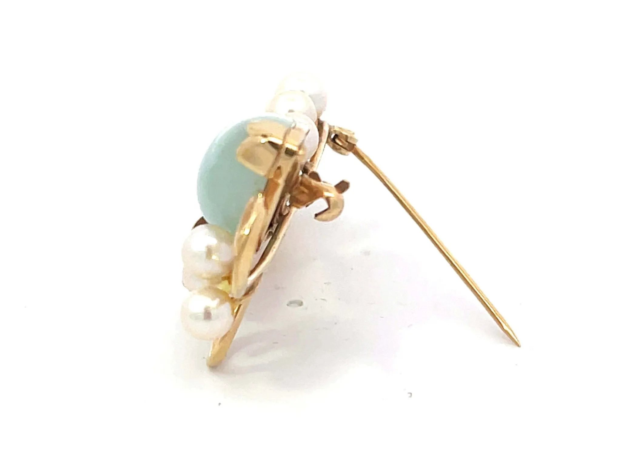 Mings Hawaii Jade and Pearl Leaf Branch Brooch in 14k Yellow Gold