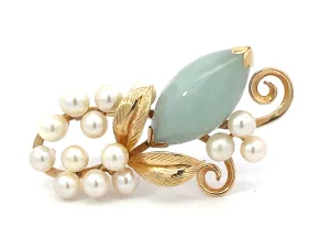 Mings Hawaii Jade and Pearl Leaf Branch Brooch in 14k Yellow Gold
