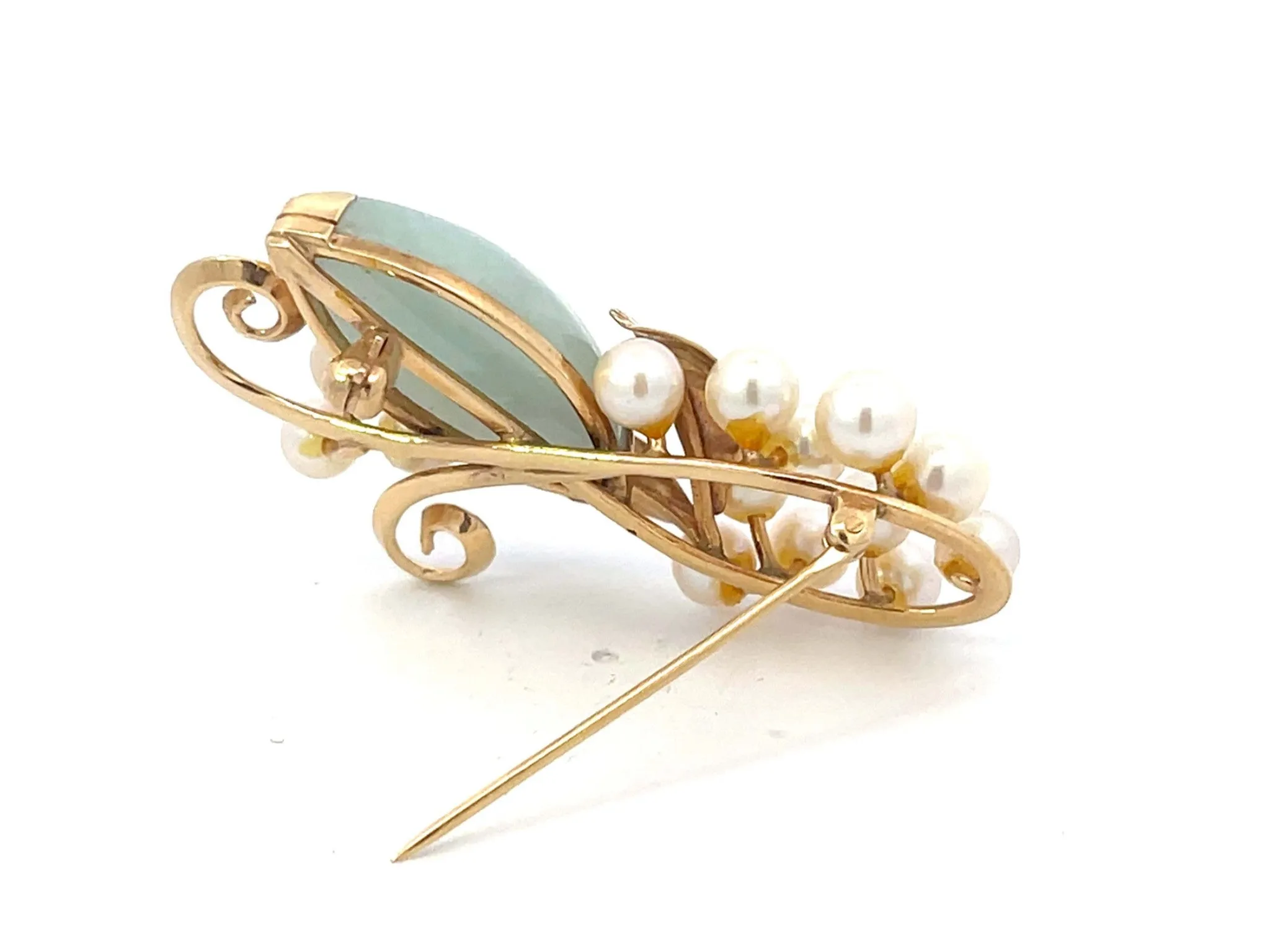 Mings Hawaii Jade and Pearl Leaf Branch Brooch in 14k Yellow Gold