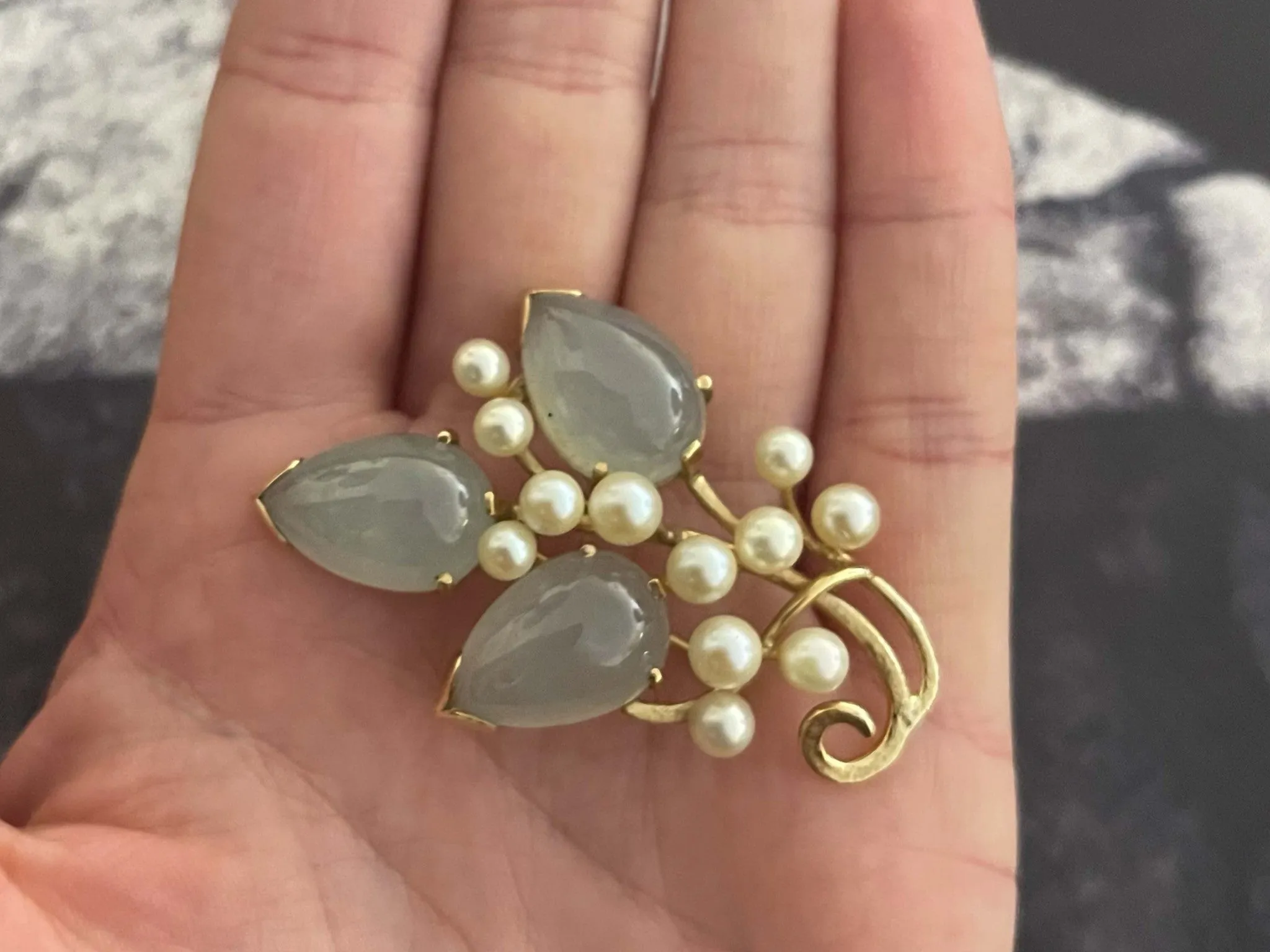 Mings Light Jade Leaf and Pearl Branch Brooch in 14k Yellow Gold