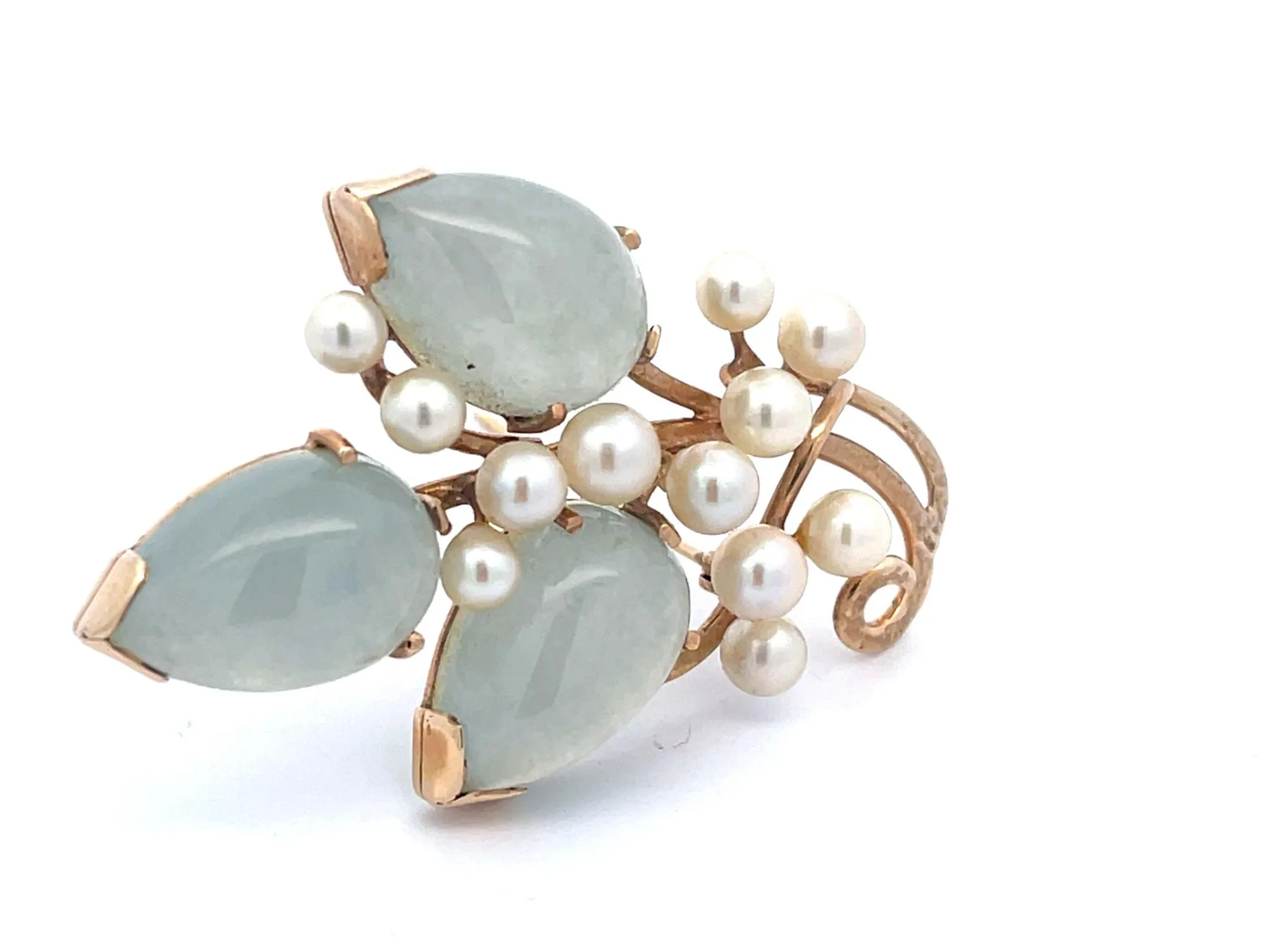 Mings Light Jade Leaf and Pearl Branch Brooch in 14k Yellow Gold