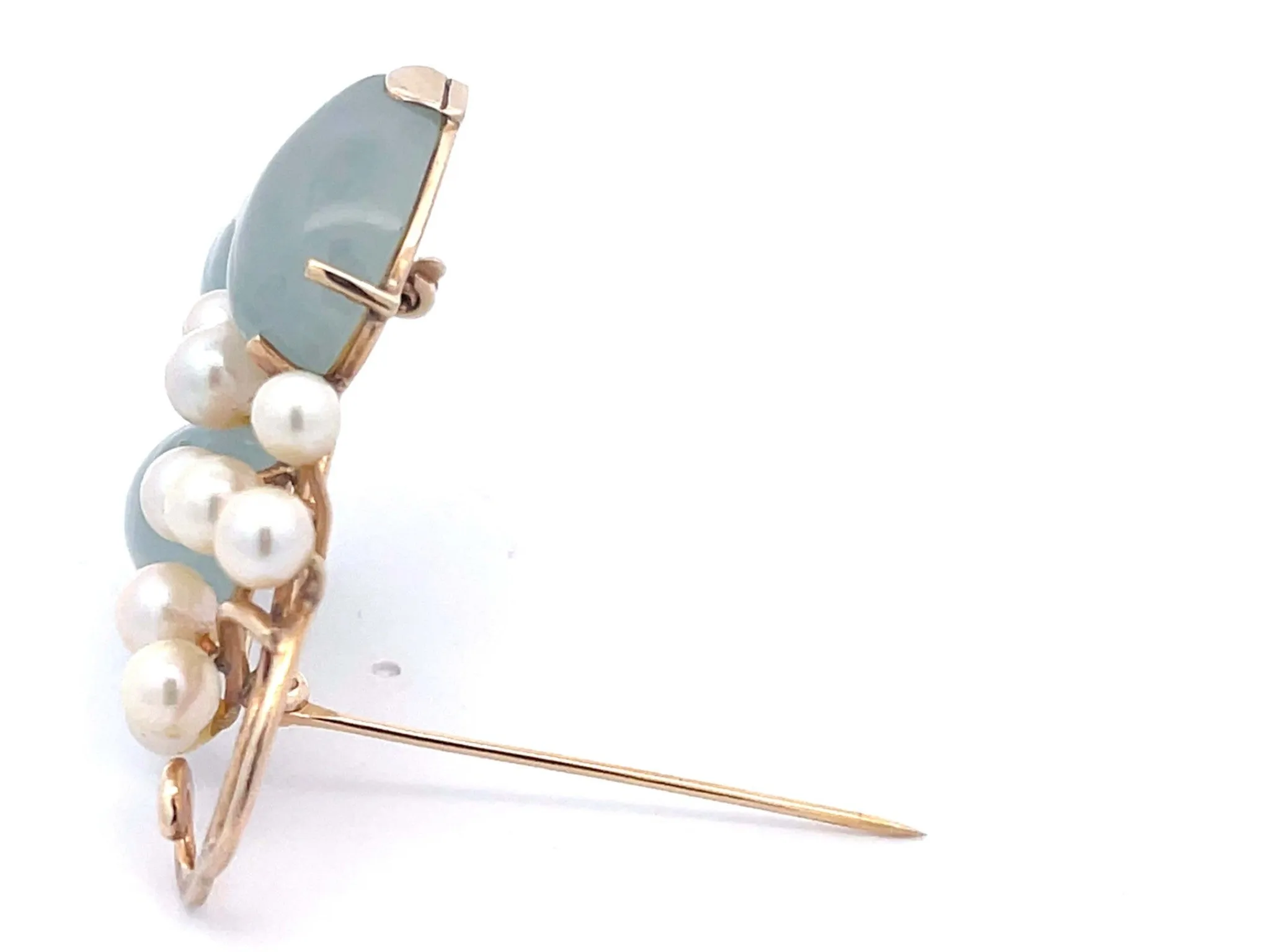 Mings Light Jade Leaf and Pearl Branch Brooch in 14k Yellow Gold