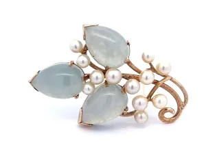 Mings Light Jade Leaf and Pearl Branch Brooch in 14k Yellow Gold