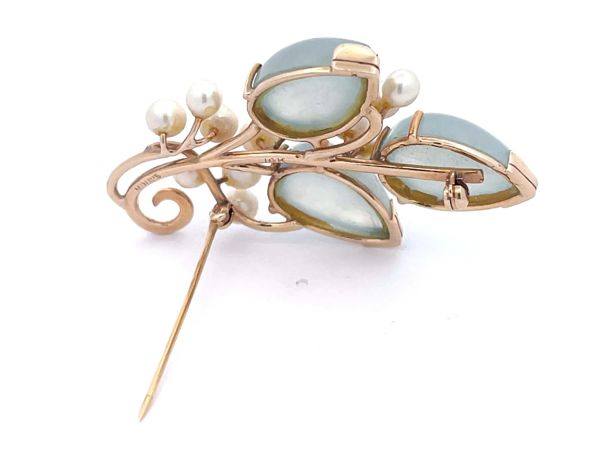 Mings Light Jade Leaf and Pearl Branch Brooch in 14k Yellow Gold