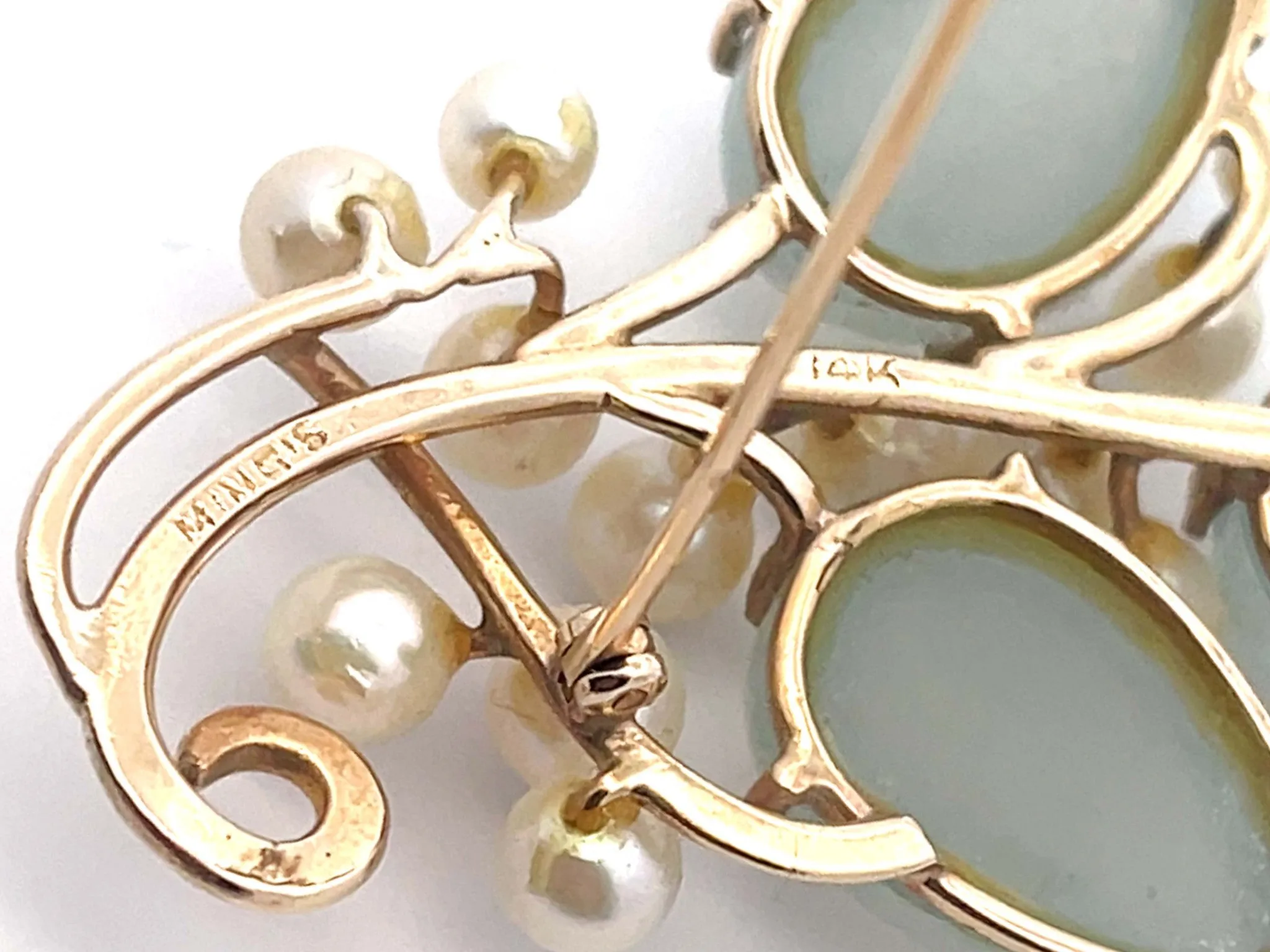 Mings Light Jade Leaf and Pearl Branch Brooch in 14k Yellow Gold