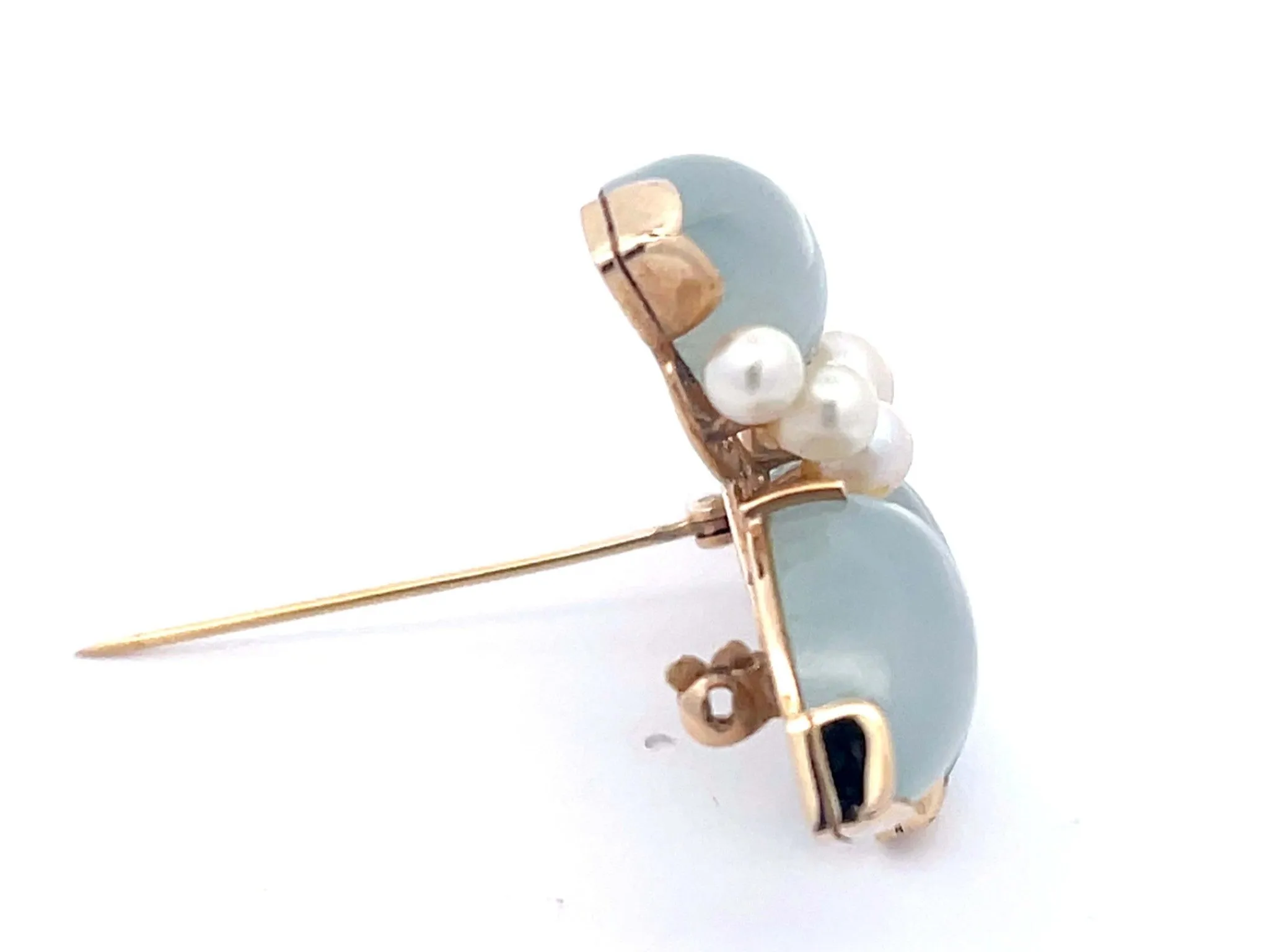 Mings Light Jade Leaf and Pearl Branch Brooch in 14k Yellow Gold