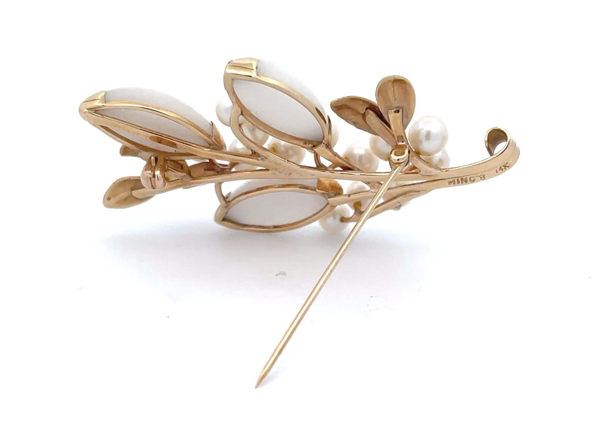 Mings White Jade and Pearl Branch Brooch in 14k Yellow Gold