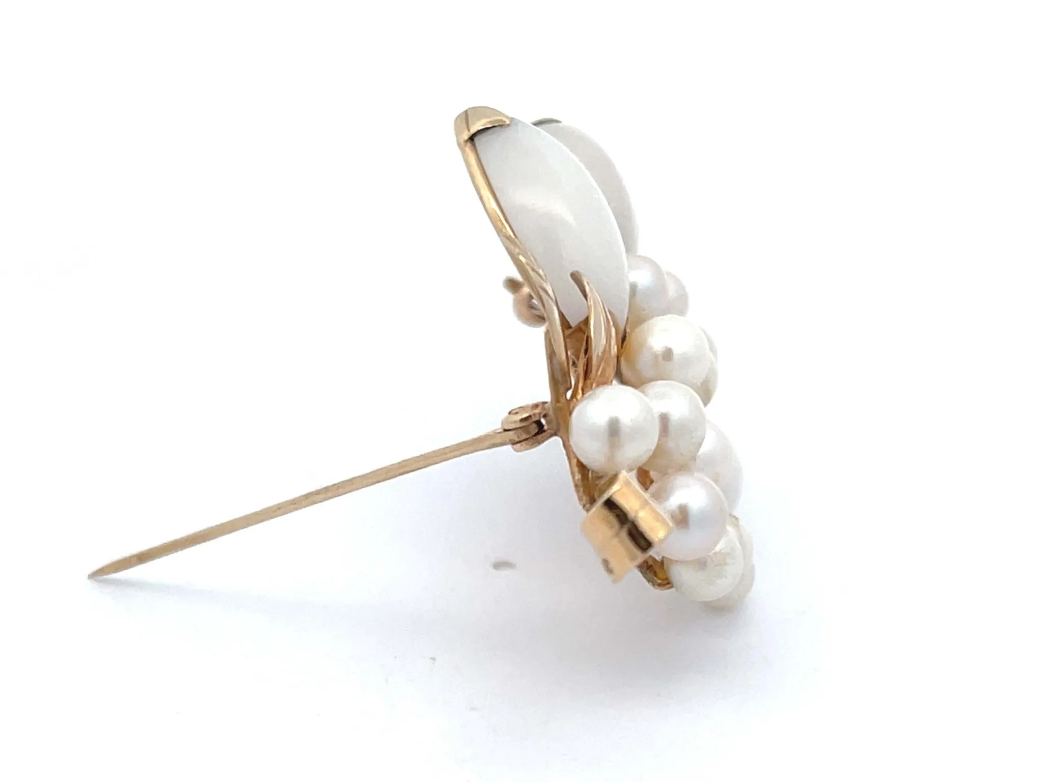 Mings White Jade and Pearl Branch Brooch in 14k Yellow Gold