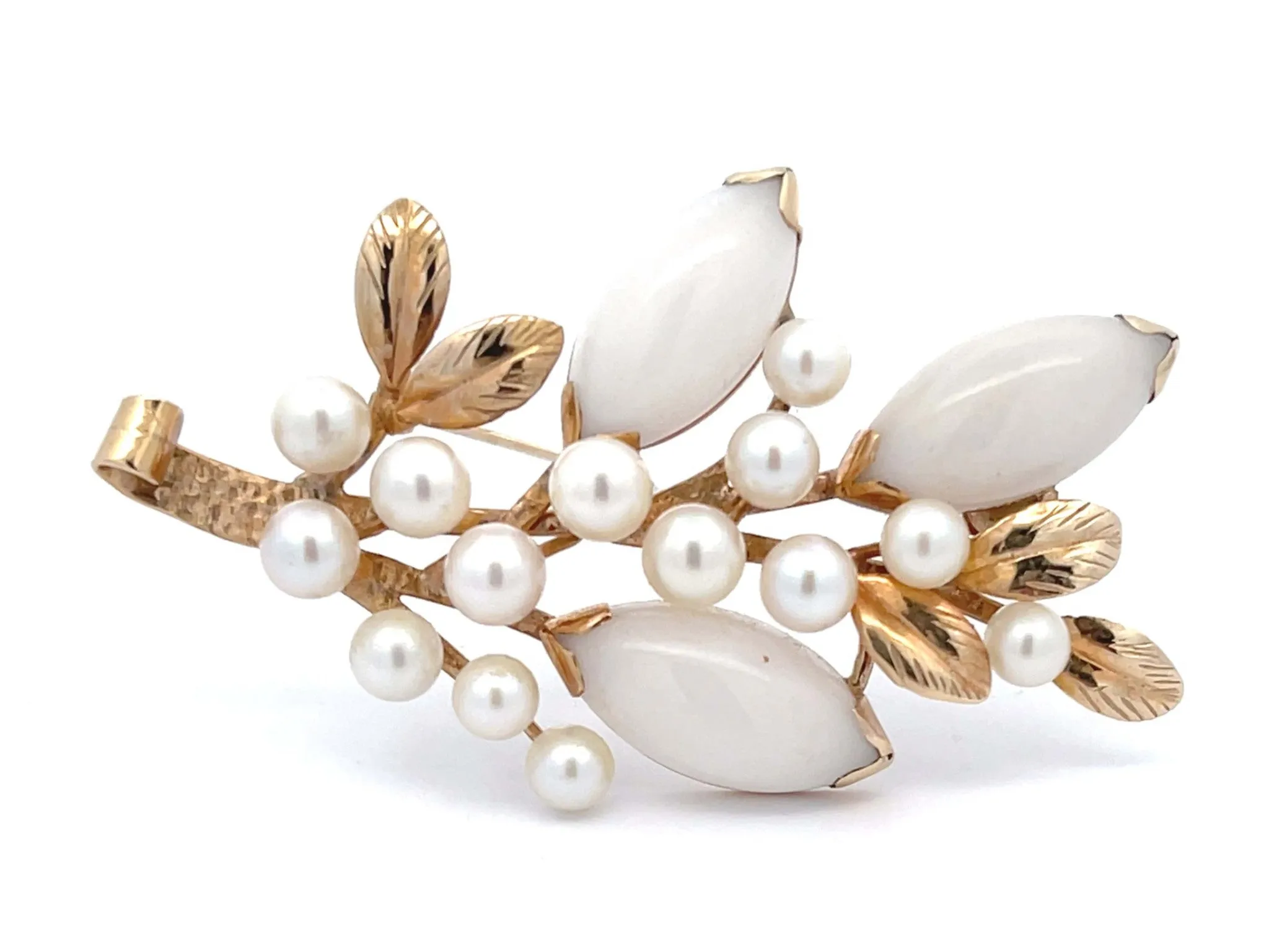 Mings White Jade and Pearl Branch Brooch in 14k Yellow Gold