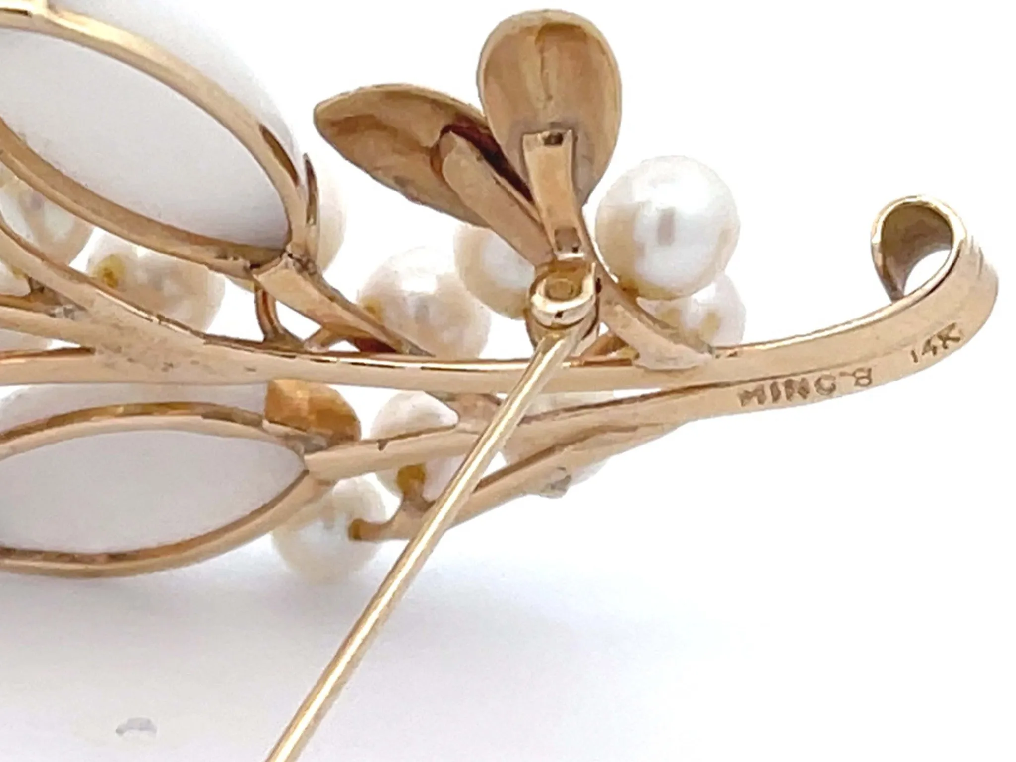 Mings White Jade and Pearl Branch Brooch in 14k Yellow Gold