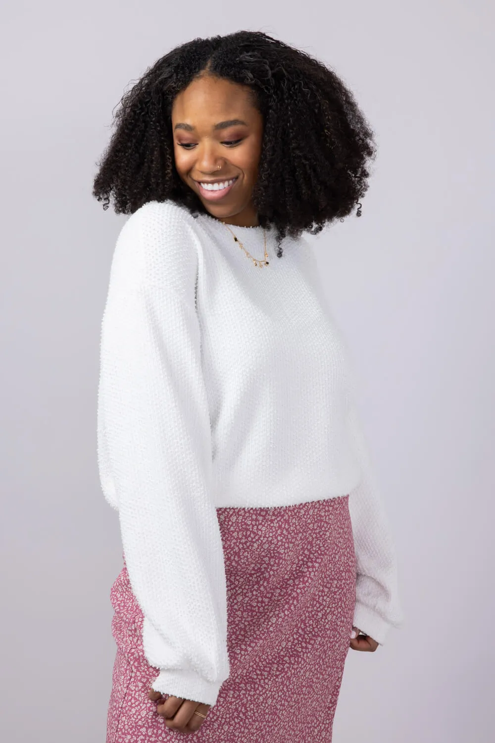 Miracle Synch Waist Textured Lightweight Sweater for Women in White | FL-01027-WHITE