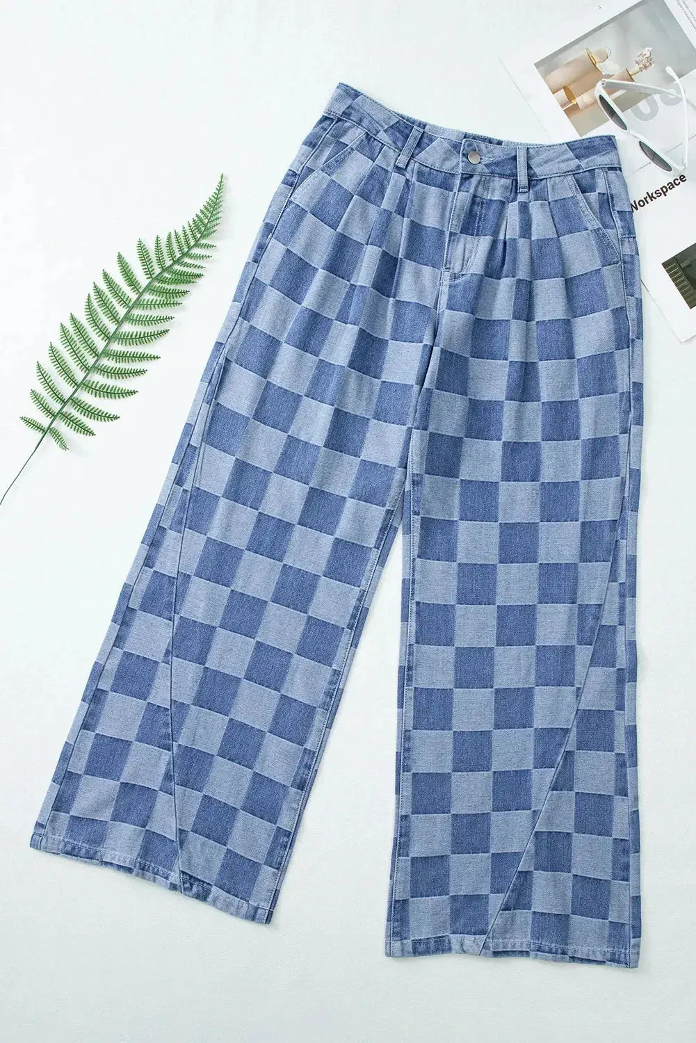 'Mireille' Checkered Denim Wide Leg Jeans