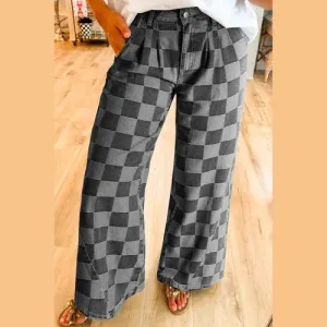 'Mireille' Checkered Denim Wide Leg Jeans
