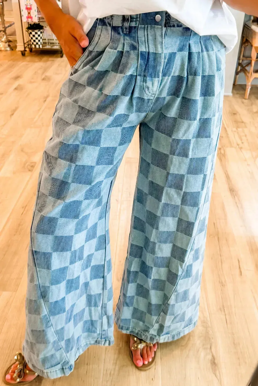 'Mireille' Checkered Denim Wide Leg Jeans