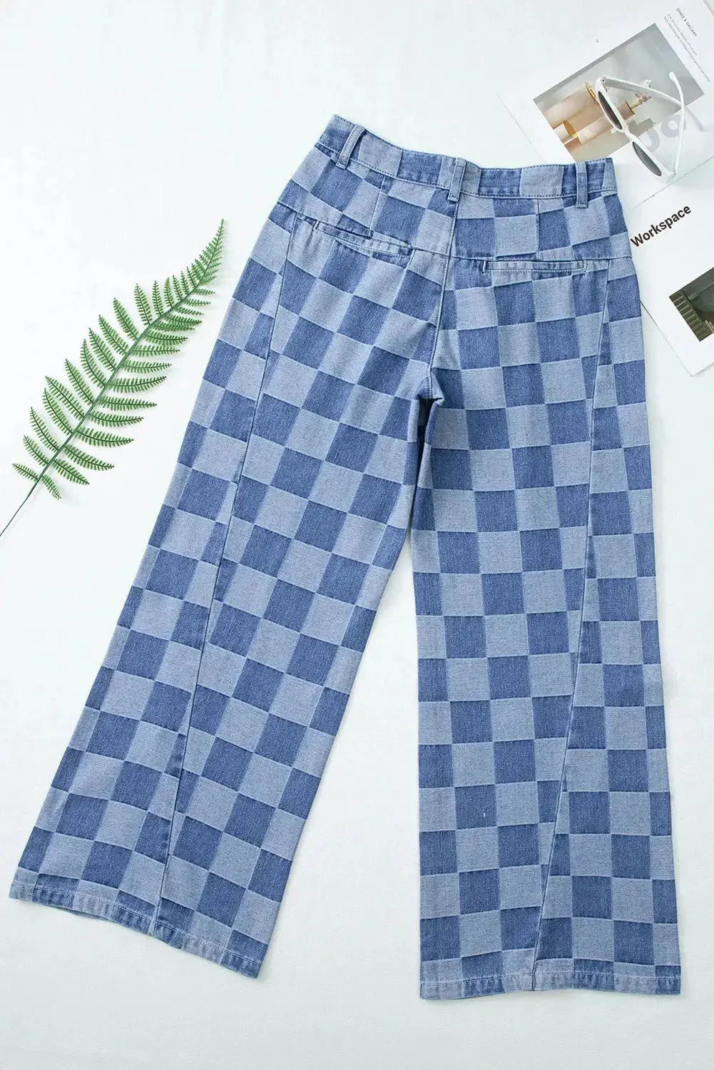 'Mireille' Checkered Denim Wide Leg Jeans