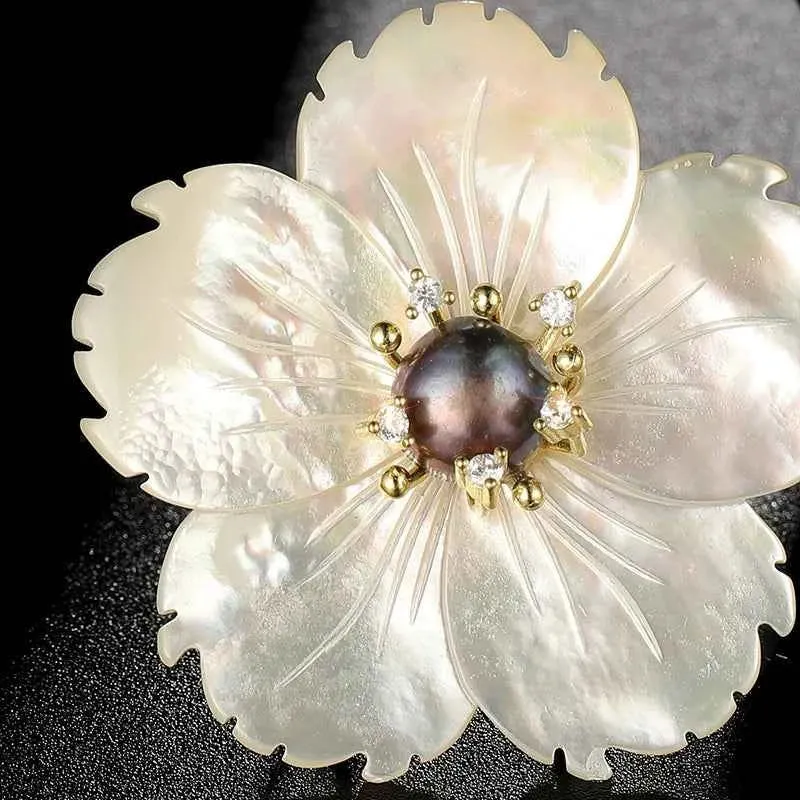 Natural Shell Flower Rhinestone Baroque Pearl Brooch Pin