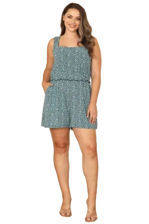 Navy Green Plus Size Square Neck Merrow Detail Ditsy Romper - Pack of 6
