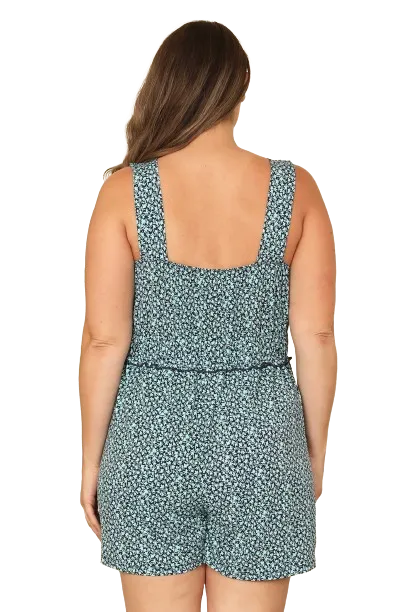 Navy Green Plus Size Square Neck Merrow Detail Ditsy Romper - Pack of 6