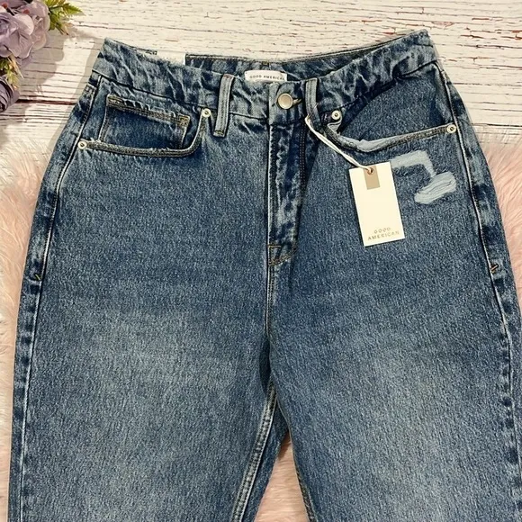 NWT Good American Women's &quot;90s Duster&quot; Straight Leg Jeans in Blue950