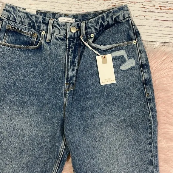 NWT Good American Women's &quot;90s Duster&quot; Straight Leg Jeans in Blue950