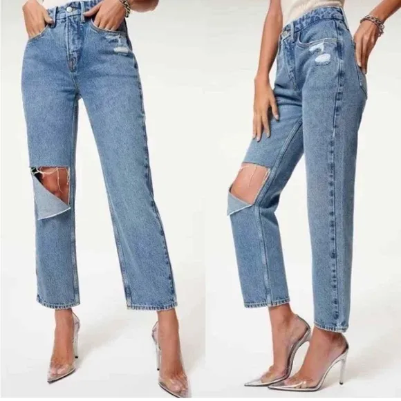 NWT Good American Women's &quot;90s Duster&quot; Straight Leg Jeans in Blue950